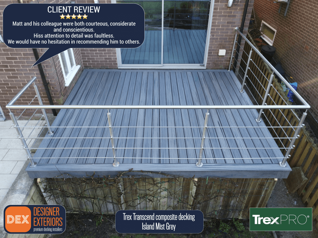 BID-COR Trex Transcend Island Mist composite decking completion image. With Review.