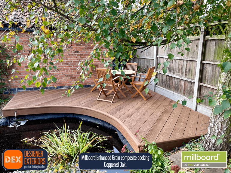 LEE-RET Millboard Coppered Oak curved composite decking completion image.